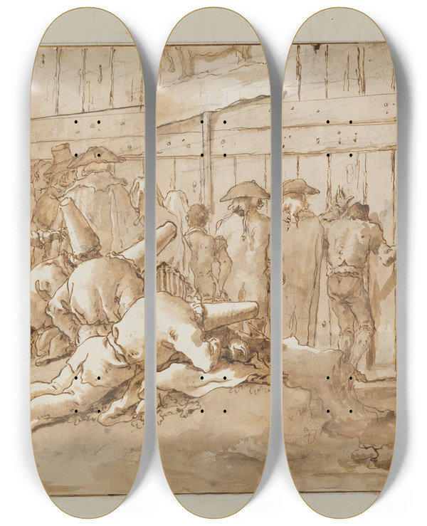 Triptych art skateboard deck of Giovanni Domenico Tiepolo Punchinellos Outside A Circus by Giovanni Domenico Tiepolo (1727-1804)