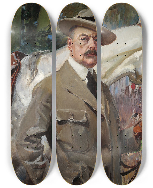 Triptych art skateboard deck of Wojciech Kossak Selfportrait With A Horse by Wojciech Kossak (1857-1942)