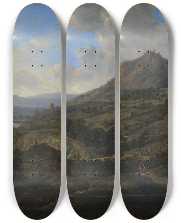 Triptych art skateboard deck of Herman Saftleven Wine Harvest At The Rhine by Herman Saftleven (1609-1685)