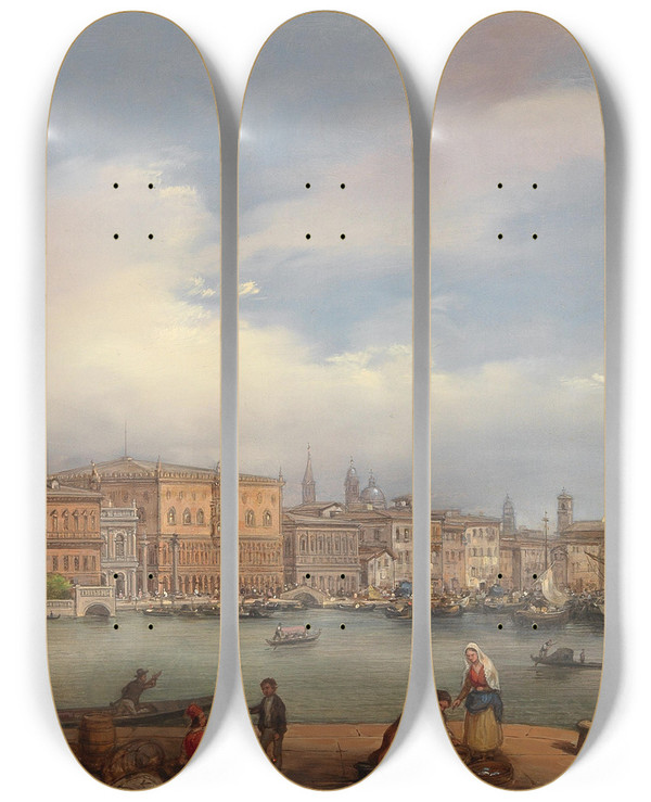 Triptych art skateboard deck of Carlo Canella View Of The Doges Palace From The Dogana In Venice by Carlo Canella (1800-1879)