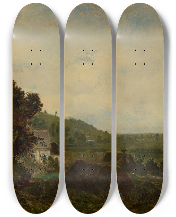 Triptych art skateboard deck of Thodore Rousseau An Old Chapel In A Valley by Theodore Rousseau (1812-1867)
