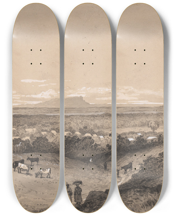 Triptych art skateboard deck of Michel Jean Cazabon Arima And Tamano Mountains by Michel Jean Cazabon (1813-1888)