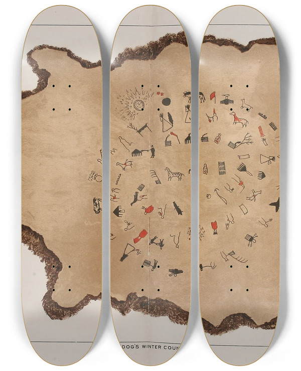 Triptych art skateboard deck of Garrick Mallery Lone Dogs Winter Count by Garrick Mallery (1831-1894)