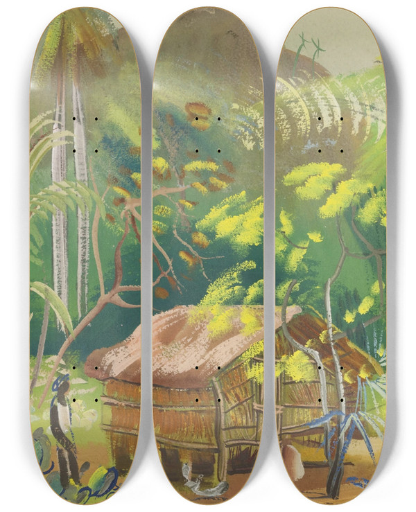 Triptych art skateboard deck of Boris Grigoriev Native Hut Brazil by Boris Grigoriev (1886-1939)