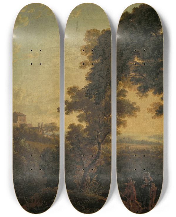 Triptych art skateboard deck of Peter Birmann Hilly Landscape With Castle by Peter Birmann (1758-1844)