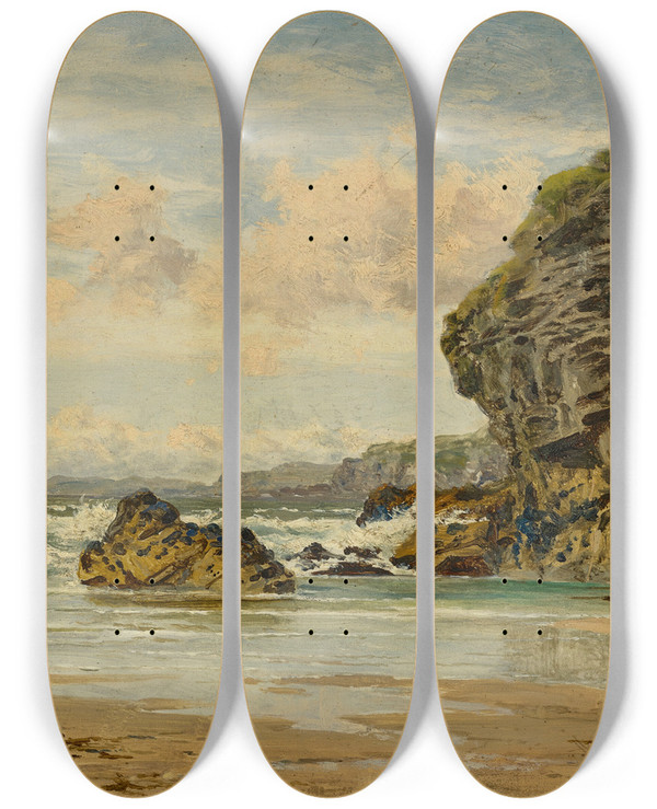 Triptych art skateboard deck of Benjamin Williams Leader Cornish Cliffs Newquay by Benjamin Williams Leader (1831-1923)