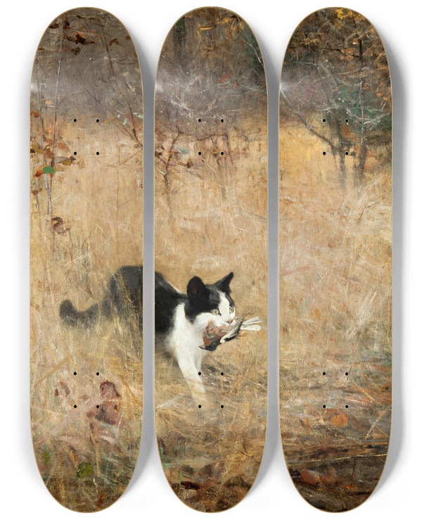 Triptych art skateboard deck of Bruno Liljefors Cat Hunting Birds by Bruno Liljefors (1860-1939)