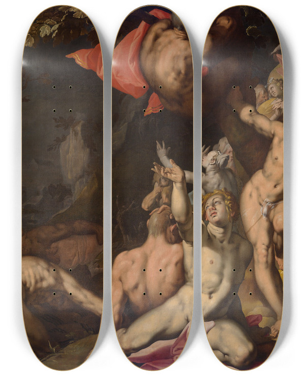 Triptych art skateboard deck of Abraham Bloemaert Thedeluge_2 by Abraham Bloemaert (1564-1651)