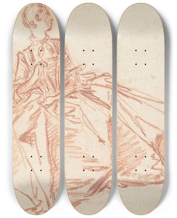 Triptych art skateboard deck of Franois Boucher Seated Woman Holding A Fan by Francois Boucher (1703-1770)