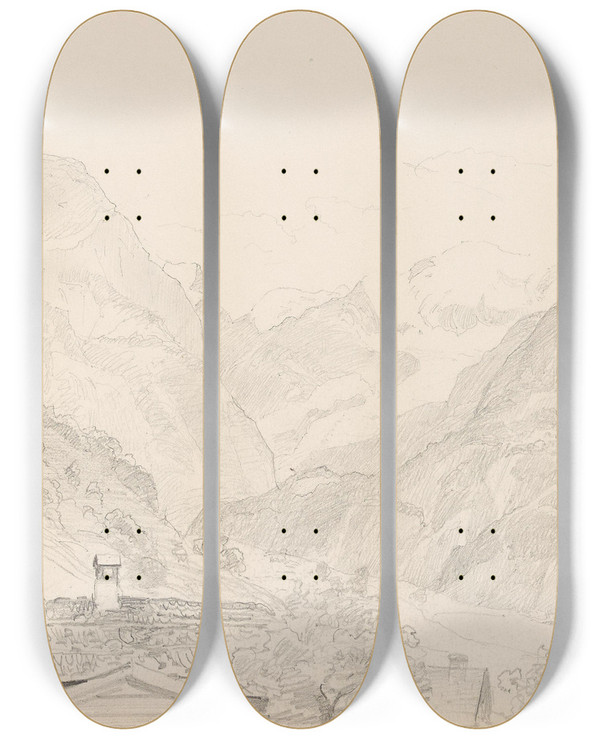 Triptych art skateboard deck of Adolph Tidemand Sveitsisk Landskap by Adolph Tidemand (1814-1876)
