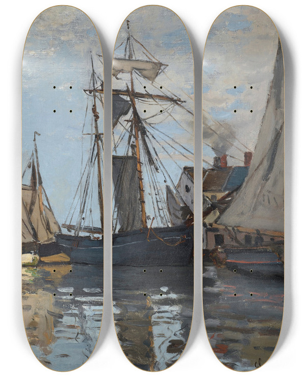 Triptych art skateboard deck of Claude Monet Bateaux Dans Le Port De Honfleur by Claude Monet (1840-1926)