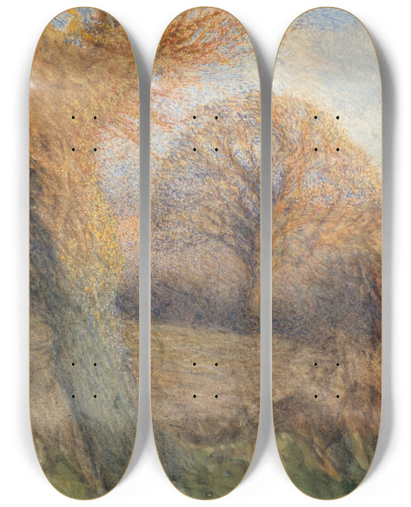 Triptych art skateboard deck of Sir George Clausen Winter Evening by Sir George Clausen (1852-1944)