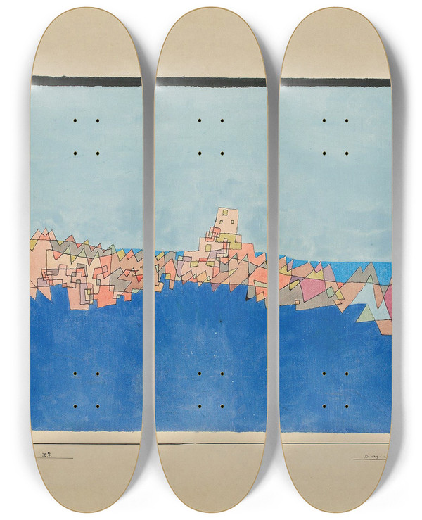 Triptych art skateboard deck of Paul Klee Burg Auf Dem Riff by Paul Klee (1879-1940)
