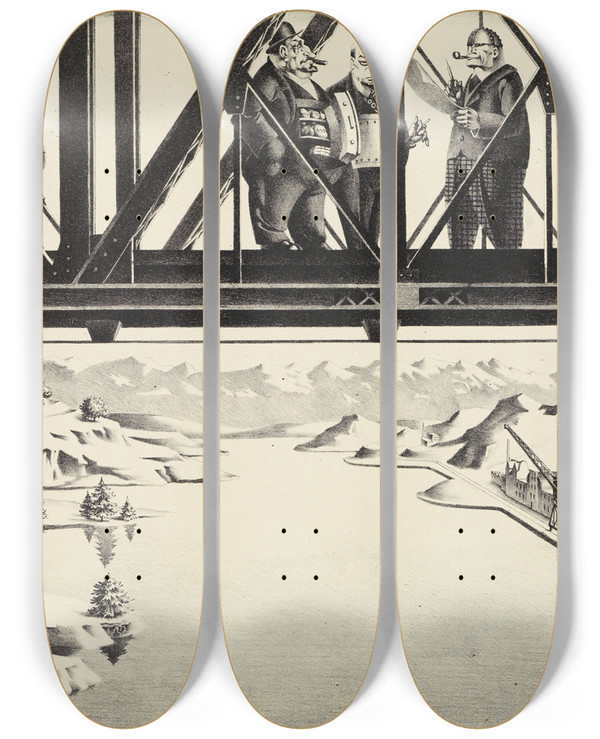 Triptych art skateboard deck of Georg Scholz Die Herren Der Welt by Georg Scholz (1890-1945)