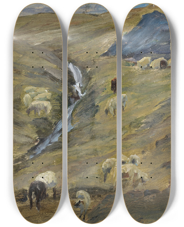 Triptych art skateboard deck of Ernst Schiess Flock Of Sheep On An Alp by Ernst Schiess (1872-1919)