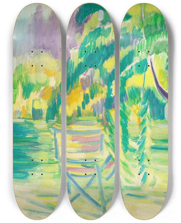 Triptych art skateboard deck of Jnos Vaszary Partie An Der Riviera by Janos Vaszary (1867-1939)