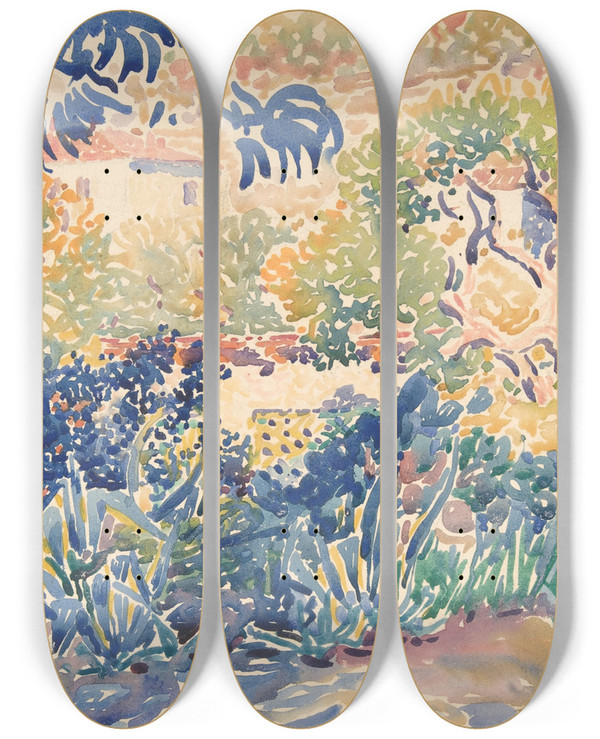 Triptych art skateboard deck of Henriedmond Cross The Artists Garden At Saintclair by Henri-Edmond Cross (1856-1910)
