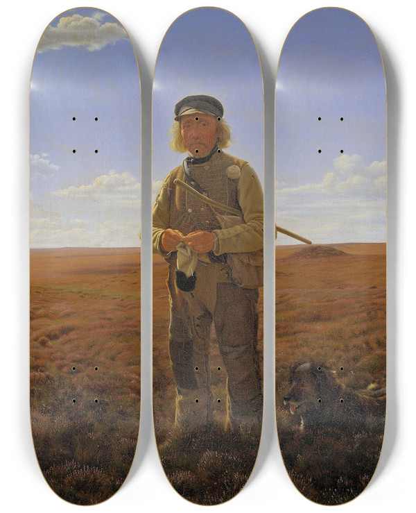 Triptych art skateboard deck of Frederik Vermehren A Jutland Sheperd On The Moors by Frederik Vermehren (1823-1910)