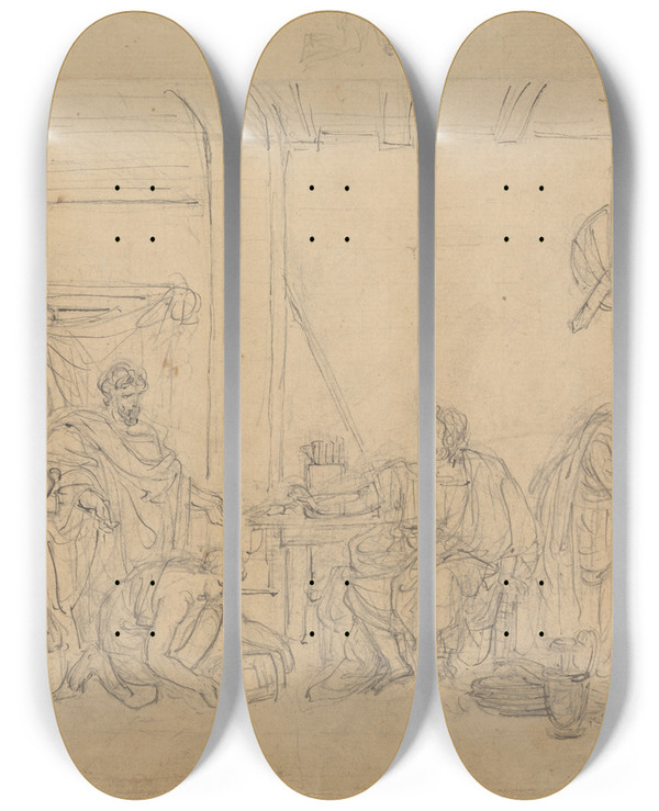 Triptych art skateboard deck of Robert Smirke Study Of An Interior Scene With Roman Soldiers by Robert Smirke (1752-1845)