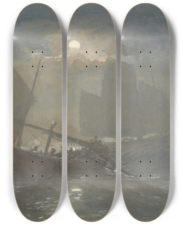 Triptych art skateboard deck of George Henry Andrews Fishing Boats In Moonlight by George Henry Andrews