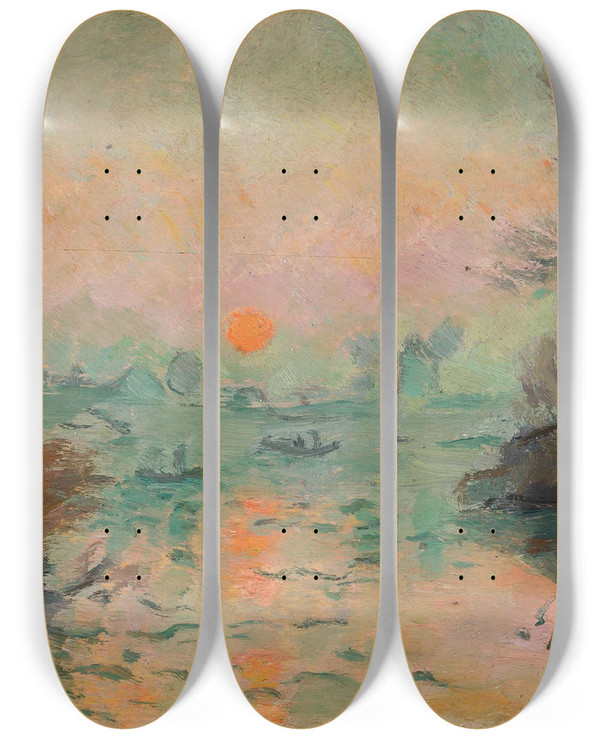 Triptych art skateboard deck of Tadeusz Makowski Landscape At Sunset by Tadeusz Makowski (1882-1932)