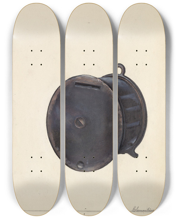 Triptych art skateboard deck of Clementine Fossek A Money Saver Coin Bank by Clementine Fossek