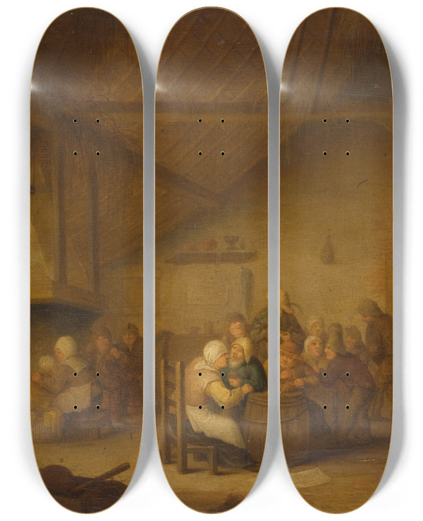 Triptych art skateboard deck of Bartholomeus Molenaer Peasants In The Tavern by Bartholomeus Molenaer (1618-1650)