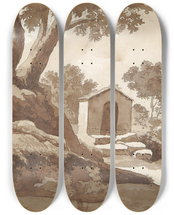 Triptych art skateboard deck of William Brockedon Building In A Rural Setting by William Brockedon (1787-1854)