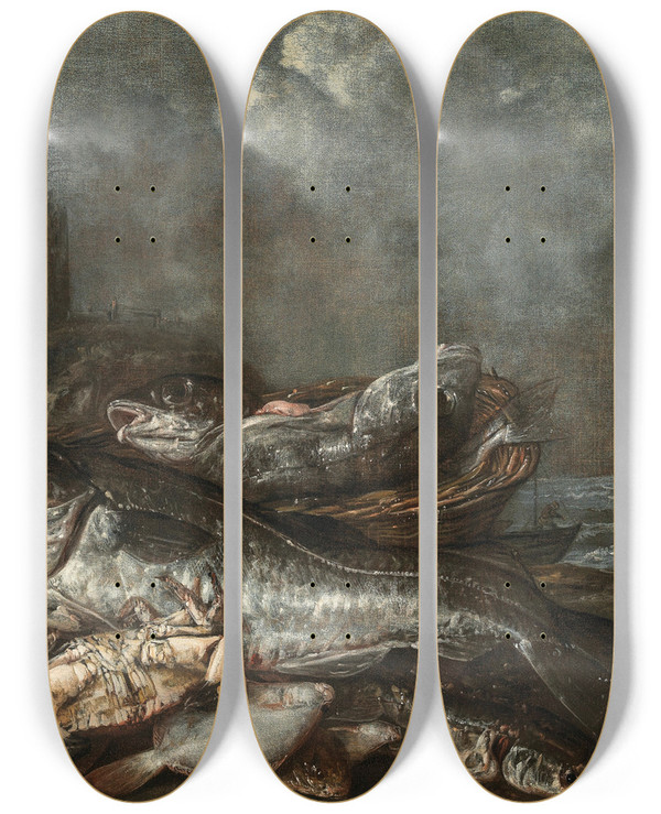 Triptych art skateboard deck of Abraham Van Beyeren Fish On The Beach At Egmond by Abraham Van Beyeren (1620-1690)