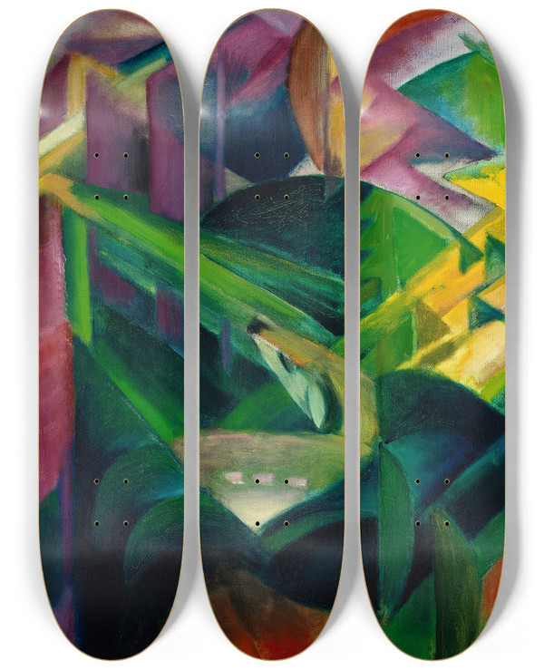 Triptych art skateboard deck of Franz Marc Deer In The Monastery Garden by Franz Marc (1880-1916)