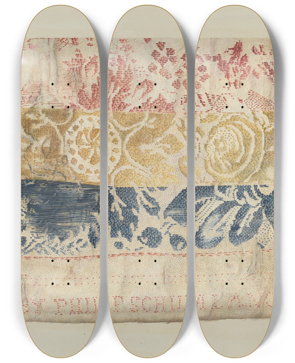 Triptych art skateboard deck of Maud M Holme Handwoven Table Cover by Maud M Holme