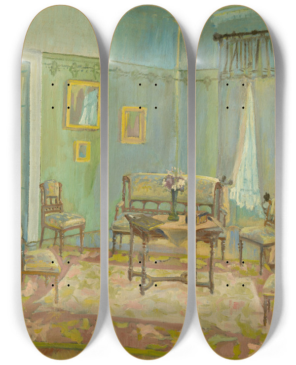 Triptych art skateboard deck of Kontantn Bauer Interir Izby by Konstantin Bauer (1893-1928)