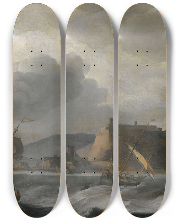 Triptych art skateboard deck of Aernout Smit Shipping Off A Coast In Choppy Water by Aernout Smit (1640-1710)