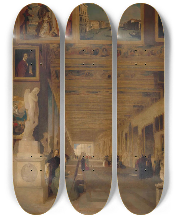 Triptych art skateboard deck of John Scarlett Davis The Long Gallery Of The Uffizi Florence by John Scarlett Davis (1804-1845)