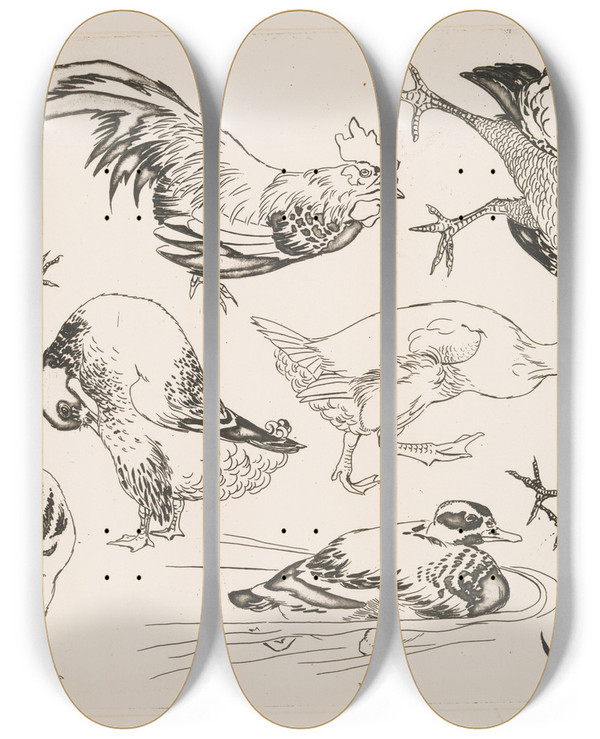 Triptych art skateboard deck of Flix Bracquemond Coqs Et Canards by Felix Bracquemond (1833-1914)