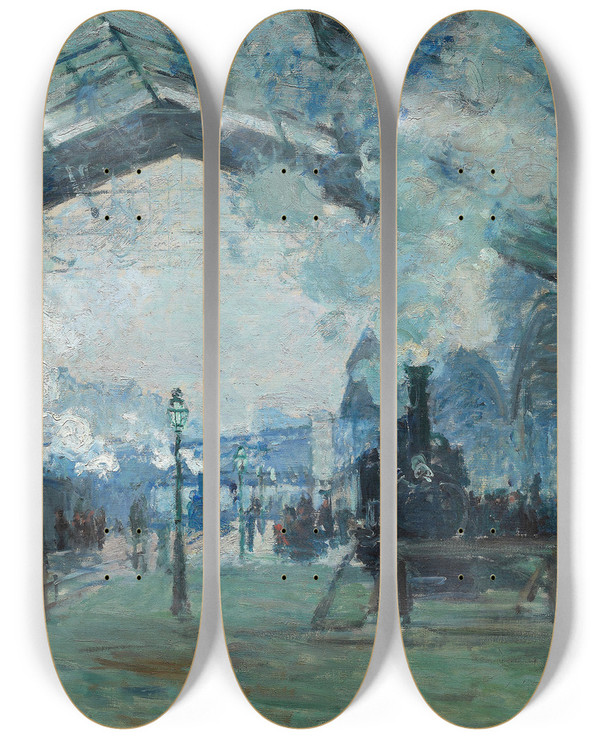 Triptych art skateboard deck of Claude Monet Arrival Of The Normandy Train Gare Saintlazare by Claude Monet (1840-1926)