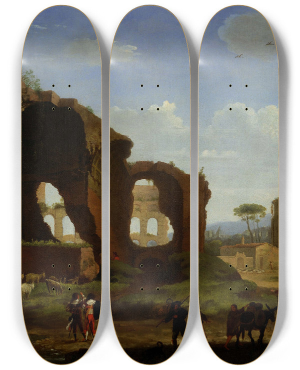 Triptych art skateboard deck of Herman Van Swanevelt A Roman View Of The Ruins Of The Temple Of Venus And Rome With The Colosseum And The Arch Of Constan by Herman Van Swanevelt (1600-1655)