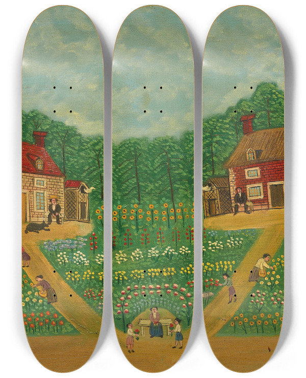 Triptych art skateboard deck of Louis Vivin Les Deux Pigeonniers by Louis Vivin (1861-1936)