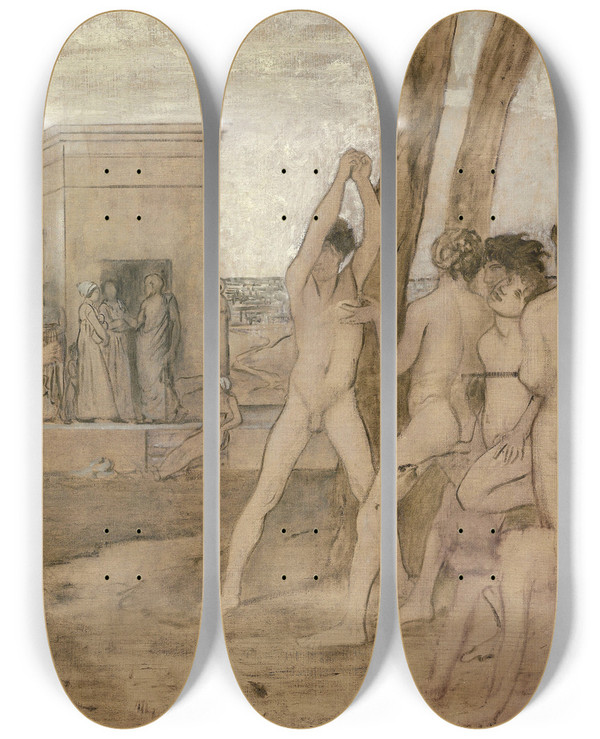 Triptych art skateboard deck of Edgar Degas Young Spartan Girls Challenging Boys by Edgar Degas (1834-1917)