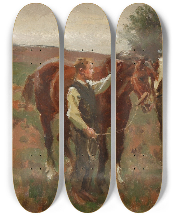 Triptych art skateboard deck of Erik Henningsen En Hestehandel by Erik Henningsen (1855-1930)
