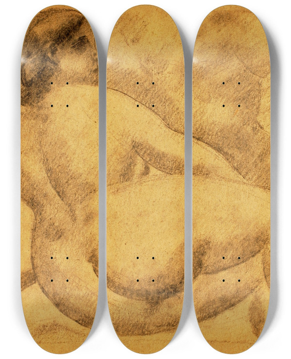 Triptych art skateboard deck of Carl Newman Reclining Female Nude by Carl Newman (1858-1932)