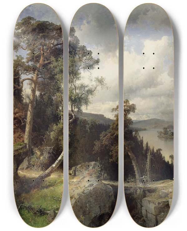 Triptych art skateboard deck of Alfred Wahlberg Swedish Landscape Motif From Kolmrden by Alfred Wahlberg (1834-1906)