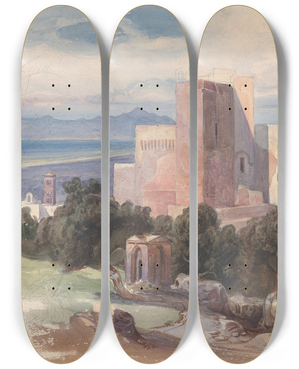 Triptych art skateboard deck of Karl Von Blaas View On Terracina With Mount Circeo by Karl Von Blaas (1815-1894)