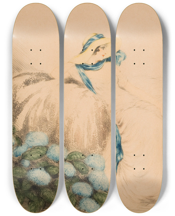 Triptych art skateboard deck of Louis Icart Lady With Blue Flowers by Louis Icart (1888-1950)