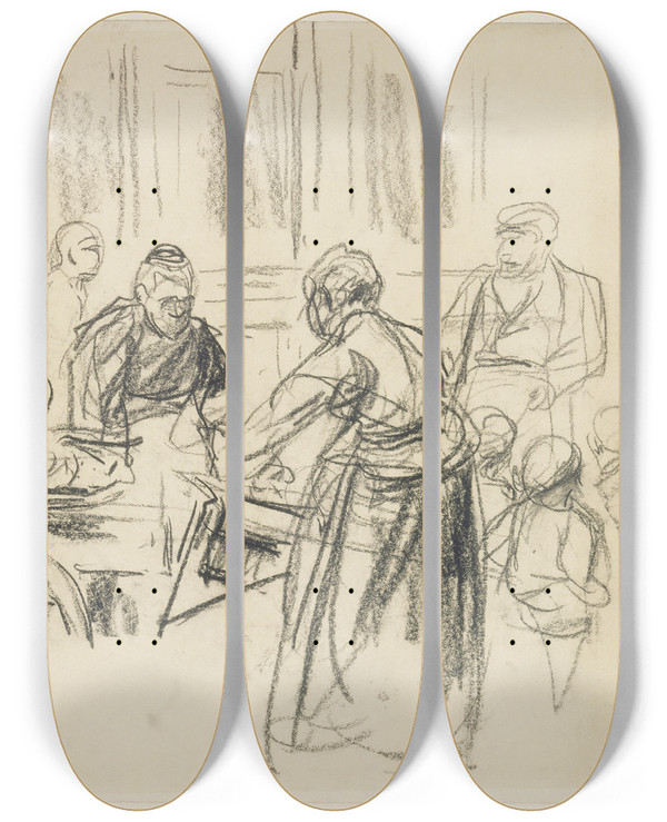 Triptych art skateboard deck of Max Liebermann Studie Zur Judengasse Amsterdam by Max Liebermann (1847-1935)