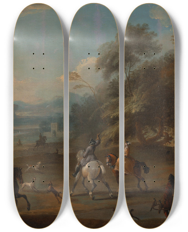Triptych art skateboard deck of Jan Wyck A Hawking Party_1 by Jan Wyck (1645-1702)