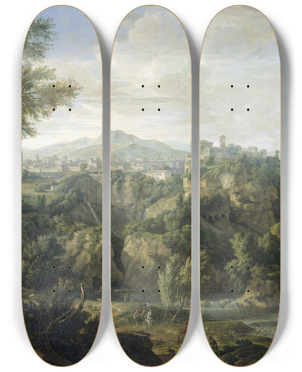 Triptych art skateboard deck of Isaac De Moucheron View Of Tivoli by Isaac de Moucheron (1667-1744)