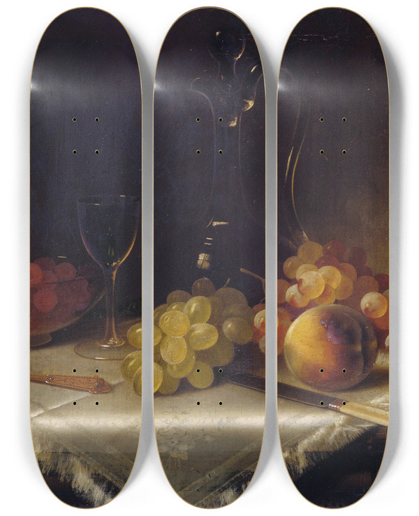 Triptych art skateboard deck of Carducius Plantagenet Ream Still Life With Fruit by Carducius Plantagenet Ream (1838-1917)