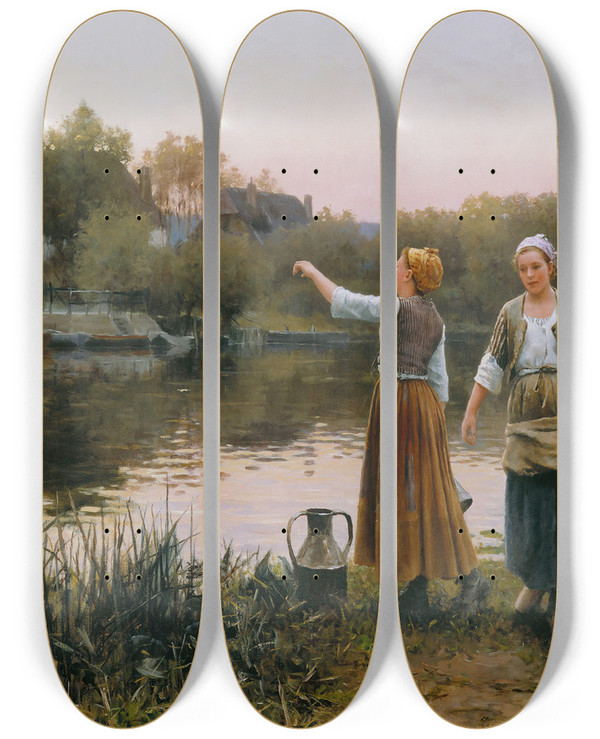 Triptych art skateboard deck of Daniel Ridgway Knight The Water Carriers_1 by Daniel Ridgway Knight (1839-1924)