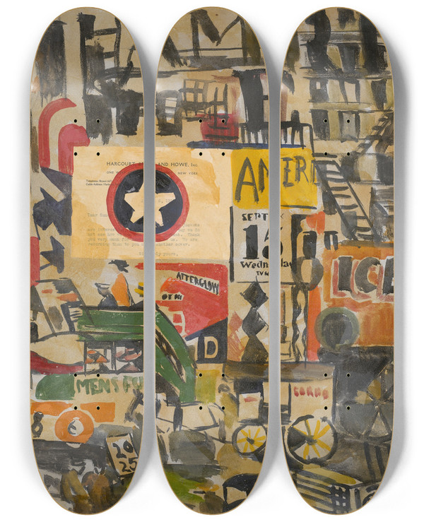 Triptych art skateboard deck of Joaqun Torresgarca New York Streetscene by Joaqun Torres-Garca (1874-1949)